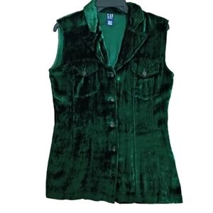 Crush Velvet Green Y2k Sleeveless Button Down GAP Blouse Pockets